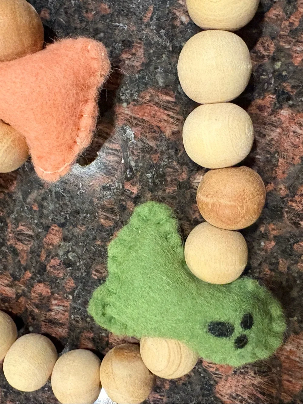 Natural Wood Bead Garland with Colorful Felt Ghosts - 6’ long